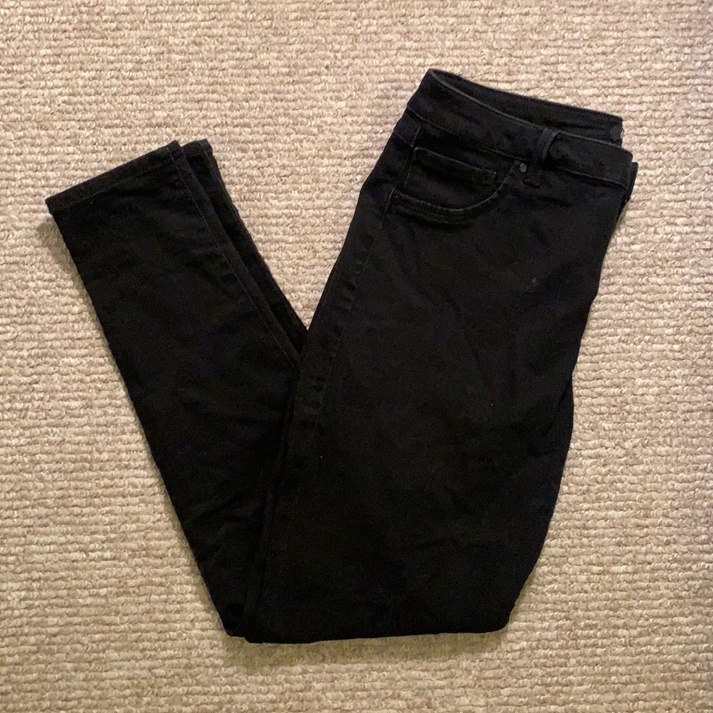 Size 14, skinny-legged black, stretchy jeans